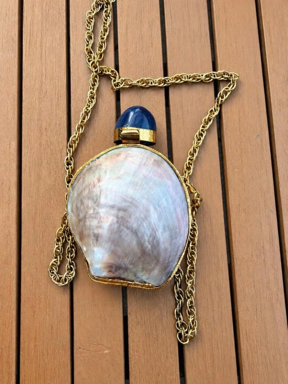 Natural Mother of Pearl Shell Mini Clutch Bag Blue Stone Gold Chain